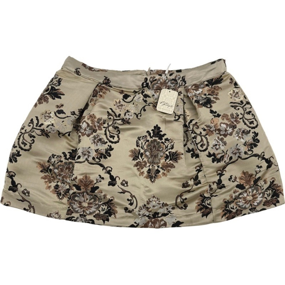 FREE PEOPLE NEW 12 Benjamina Satin Mini Skirt Champagne Floral Brocade Metallic - Picture 2 of 12